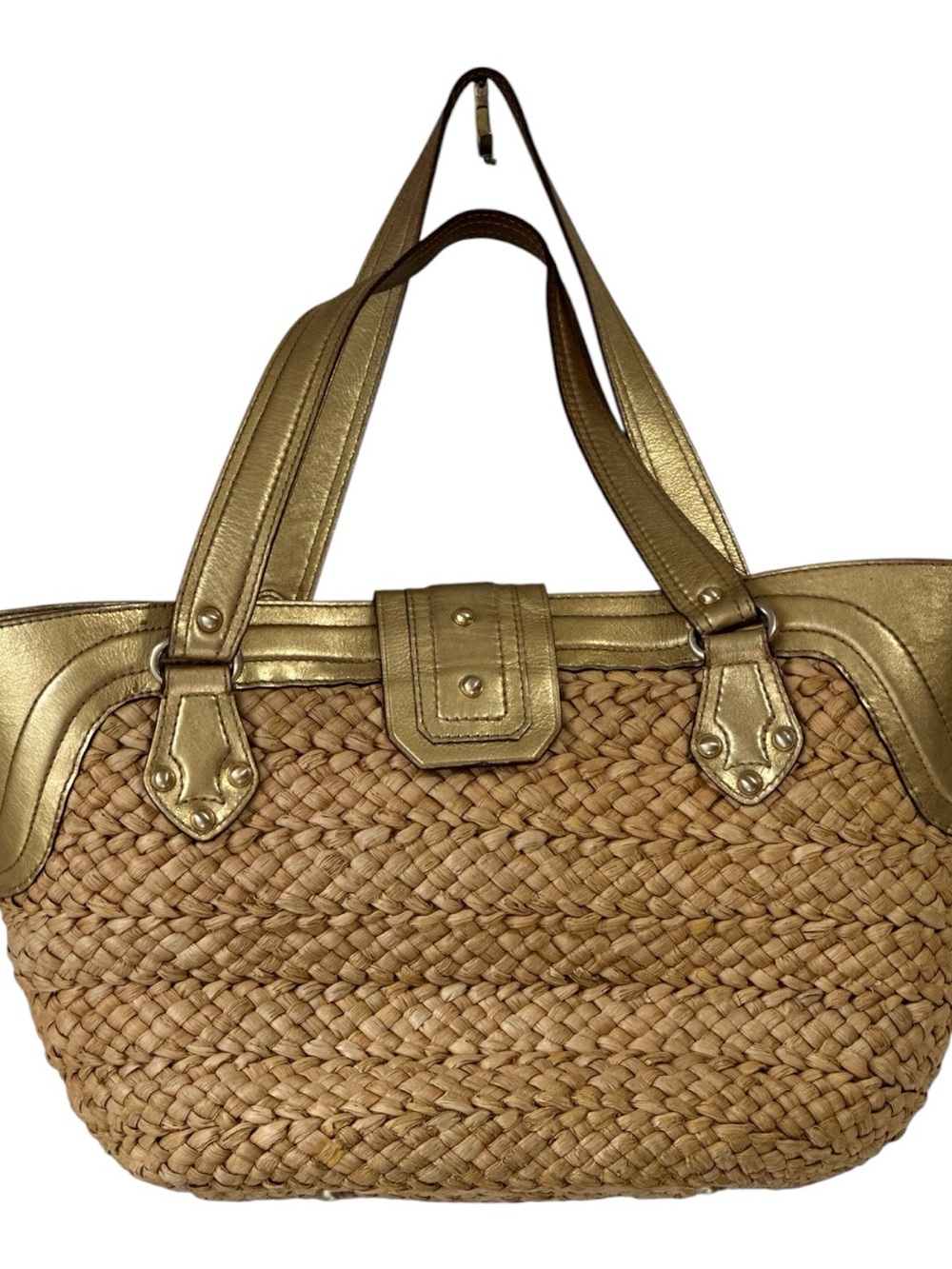Rare Michael Kors Antique Gold Woven Wicker Tote Purse Preowned fair/good cond. - Picture 2 of 7